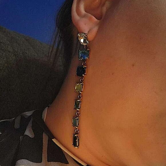 Antique Gold Emerald Cut Crystal Opal Sapphire Aquamarine Tassel Drop Earrings - Picture 6 of 12